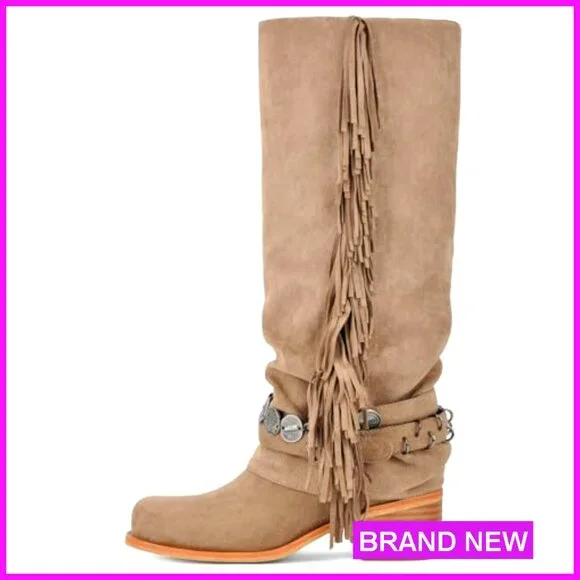 Knee High Riding Boots Fringe Buckle Straps Chunky Heel Square Toe Fold Over